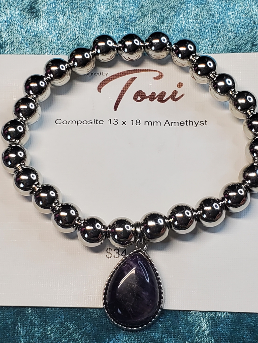 Toni Silver-Tone Beaded Bracelet with Purple Amethyst Teardrop Charm